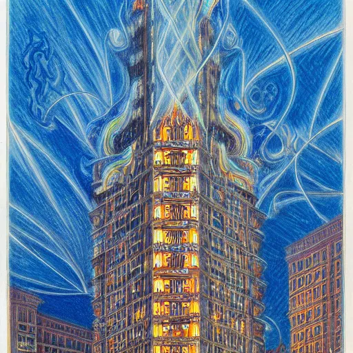 Prompt: tall building on fire with blue flames, extreme detail, abstract realism, highly ornate intricate details, 1 9 2 0's colored pencil, 4 k, cinematic lighting,