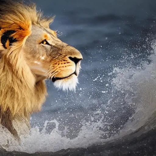 Image similar to a lion's face breaching through a wave, stormy weather