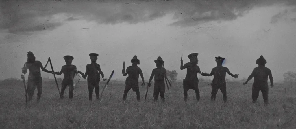 Image similar to circa 1 9 7 0 s restored 1 3 mm film photograph of a group of clowns in a field holding machetes at night, liminal, dark, thunderstorm, dark, flash on, blurry, ominous lighting