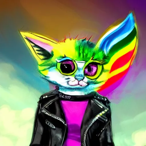 Image similar to wide angle full body, jacket wearing fluffy cute rainbow kitten wearing a black leather motorcycle jacket, concept art