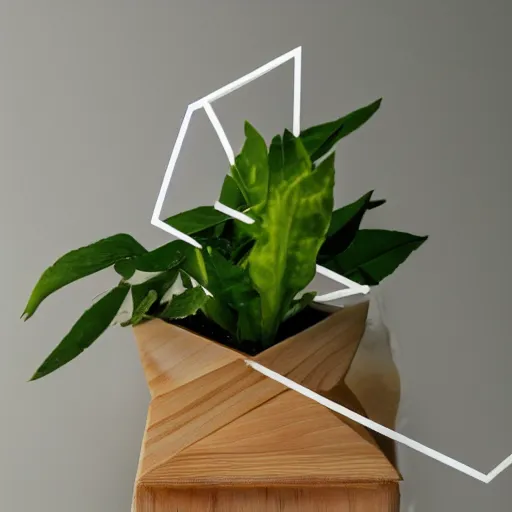 Prompt: pot plant spatifillum levitating over wooden plank white geometric angular pot beautiful fororealistic art featured on artstation