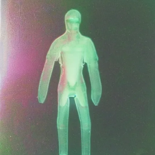 Prompt: coloured atmospheric polaroid 1 9 9 8 photo of a realistic wraith translucent transparent figure in a interior of living room low light