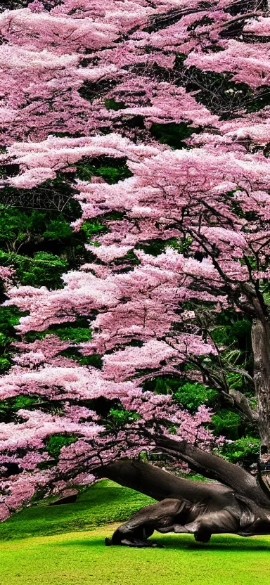 Image similar to “ a portrait photo of tyrannosaurus at a sakura tree, side shot, by shunji dodo, 8 k resolution, high quality ”