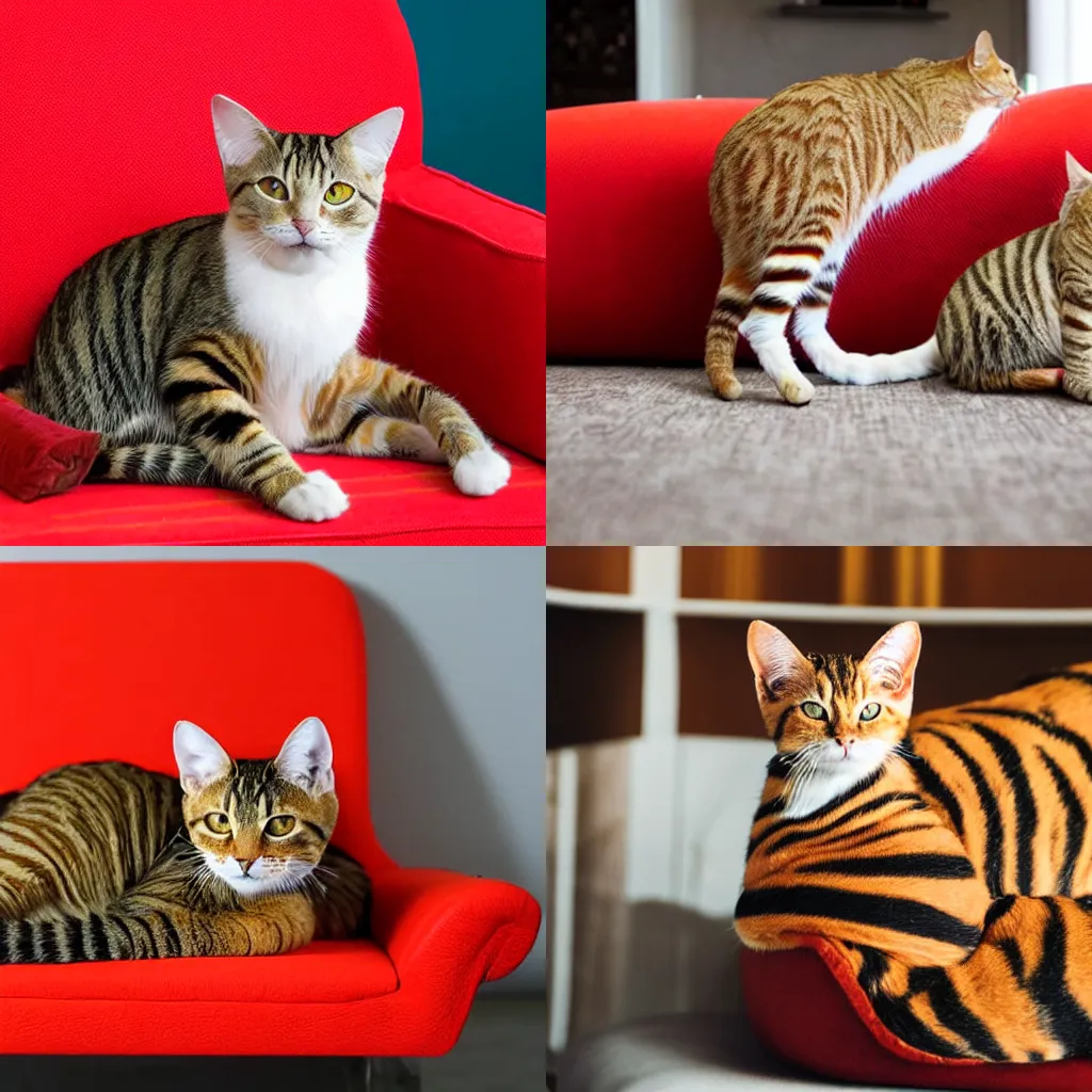Prompt: A photo of oragne striped cat laying on a red sofa