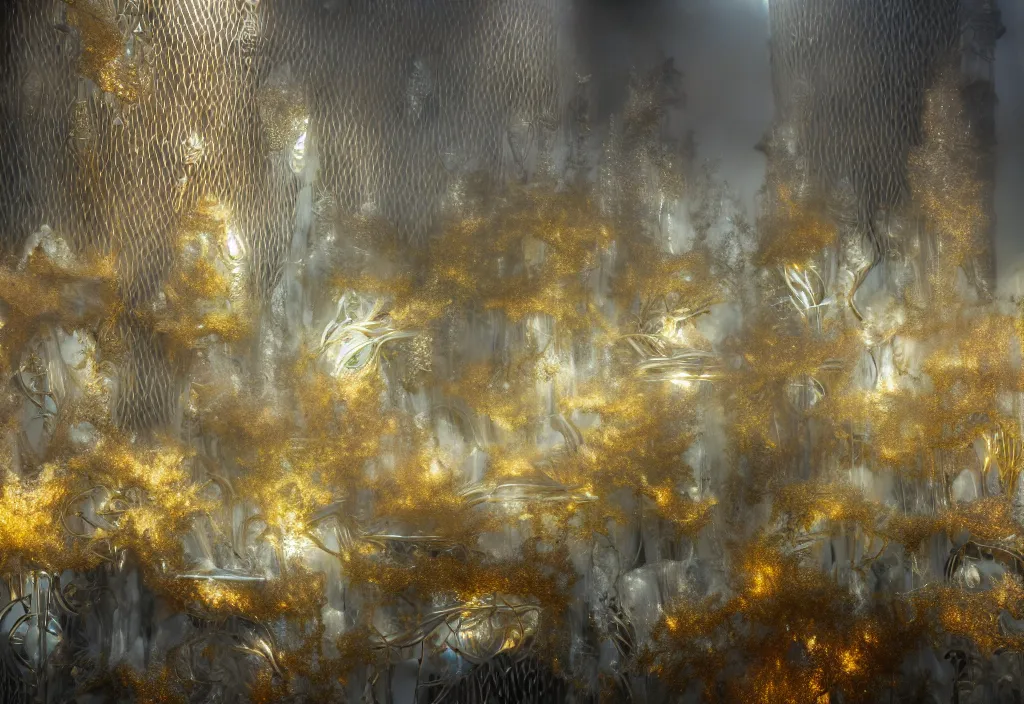 Prompt: white pearlescent organic biomechanical city with gold, copper, bronze, iridescent titanium in a swirling mist, cinematic forest lighting, crystalline masterpiece incrustations, specular highlights,