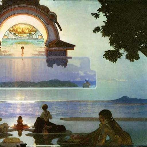 Image similar to Floating palace, moon reflecting on the water, thunderstorm, greek pool, beach and Tropical vegetation on the background major arcana sky, by paul delaroche, alphonse mucha and arnold böcklin, hyperrealistic 8k, award-winning, very very very detailed