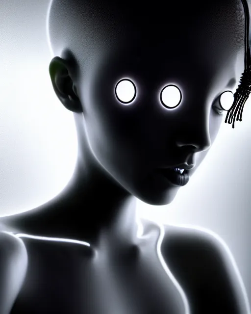 Image similar to black and white young female-cyborg-human-jellyfish-plant high quality photo, microchip, artificial intelligence, bio-mechanical bio-luminescence, black wired cables, neurons, nerve cells, octane render, cinematic, rim light, hyper realism, photo-realistic, high detail, 8k, masterpiece, high fashion, in the style of Dora Maar