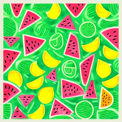 Image similar to retro, hd illustration of watermelons, crocs, big yellow lemons, mint leaves, ice cubes, inspired by watercolor masterpieces, matisse, malevich, david hockney, keith haring, colorful, happy, trending on artstation, 4 k