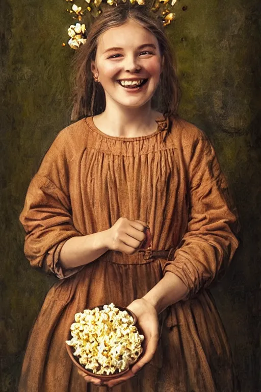 Image similar to portrait ancient of a happy girl, lots of flowers and popcorn around, hyperrealistic, medieval style