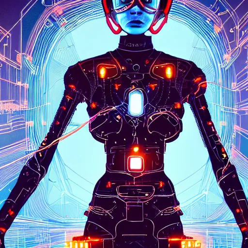 Image similar to a beautiful body of a bot fighter pilot woman mostly made of wires and electronic circuits led luminous, an ultrafine detailed illustration by james jean, final fantasy, intricate linework, bright colors, behance contest winner, vanitas, angular, altermodern, unreal engine 5 highly rendered, global illumination, radiant light, detailed and intricate environment