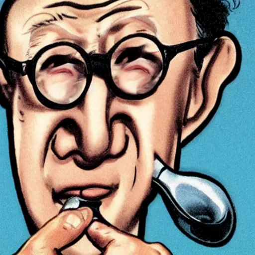 Image similar to woody allen kissing a large spoon, caricature, mad magazine, by mort drucker