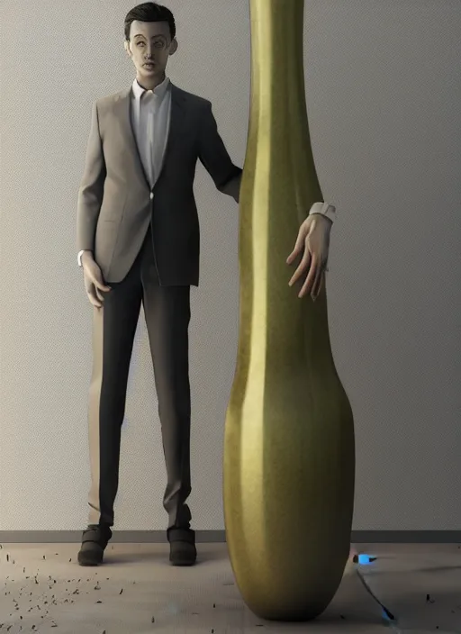 Image similar to a sculpture of a man standing next to a tall vase, a raytraced image by Hikari Shimoda, polycount, video art, vray tracing, ray tracing, rendered in unreal engine