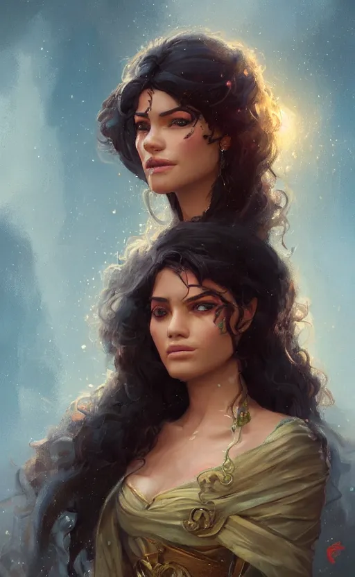 Image similar to Portrait of a Esmeralda (from Disney), female, detailed face, fantasy, highly detailed, cinematic lighting, digital art painting by greg rutkowski