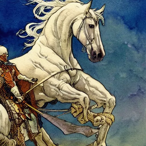 Image similar to a realistic and atmospheric watercolour fantasy concept art of a knight on a white horse, muted colors. by rebecca guay, michael kaluta, charles vess and jean moebius giraud,