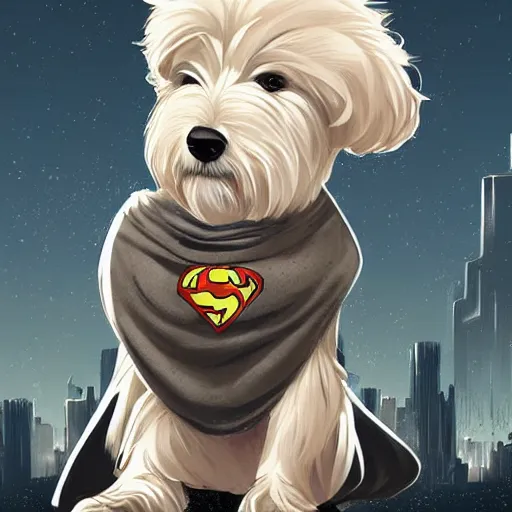 Image similar to cream colored havanese dog with a superhero cape and mask, tight shot, futuristic city, dusk, highly coherent, saga comic, graphic novel, fiona staples