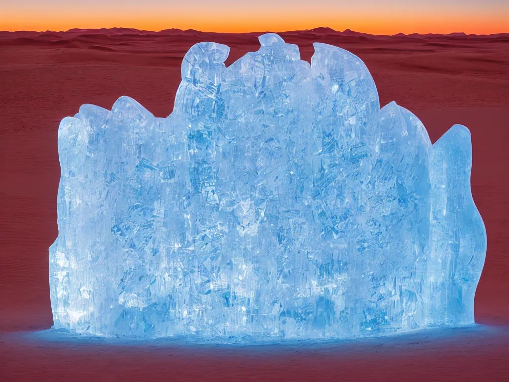 Image similar to cinestill of a huge backlit ice sculpture in the sahara desert, morning light, breathtaking, high definition photograph by national geographic