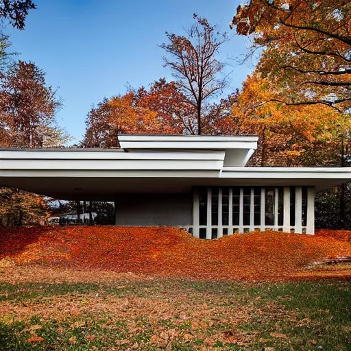 Image similar to “an American house design as a hybrid Usonian and brutalist style. During autumn. Real estate photography”