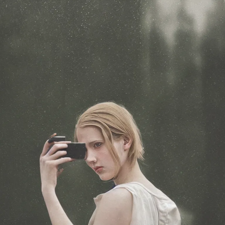 Image similar to cute annie leonhart holding taking a photo of me wallpaper, beautiful face, pale skin, rule of thirds, cinematic lighting, rainy weather, melancholy atmosphere, volumetric light, realistic reflections, sharp focus, backlit, model agency, instagram photo, shot on iphone 1 3 pro max, beauty filter, postprocessing