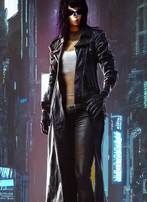 Image similar to black haired woman in a trench coat in a black cyberpunk 2 0 7 7, full body, intricate, highly detailed, face enhance, realistic