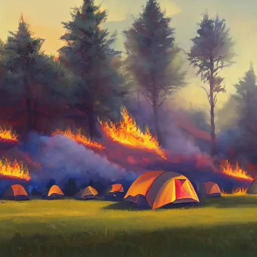 Image similar to a camp with tents on fire, burning down, shadows of girls watching the camp burn, painted by Sylvain Sarrailh