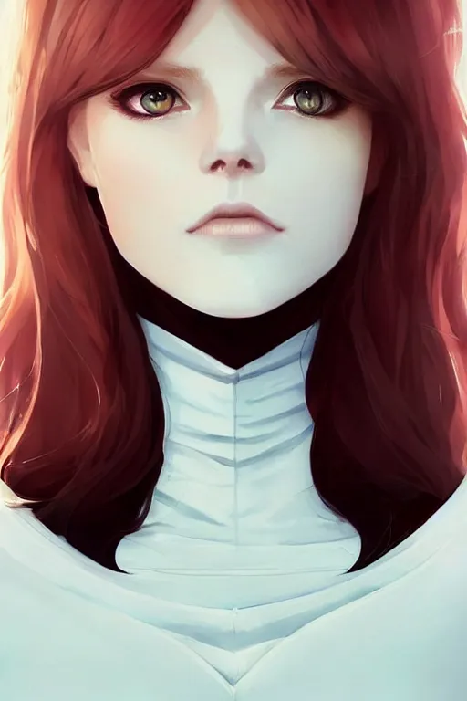 Image similar to beautiful pale vampire with auburn hair in a white turtleneck dress, on a super yacht, by guweiz and wlop and ilya kuvshinov and and moebius, artgerm, symmetrical eyes, aesthetic, gorgeous, stunning, alluring, attractive, half body portrait, artstation, deviantart, pinterest, digital art