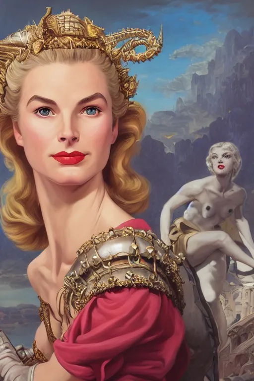 Image similar to A fantasy comic book style portrait painting of Grace Kelly, as an Atlantean Reptilian Warrior, Mystical Valkyrie, François Boucher, Oil Painting, unreal 5, DAZ, hyperrealistic, octane render, Regal, Refined, Detailed Digital Art, RPG portrait, William-Adolphe Bouguereau, Michael Cheval, Walt Disney (1937), Steampunk, dynamic lighting, Highly Detailed, Cinematic Lighting, Unreal Engine, 8k, HD