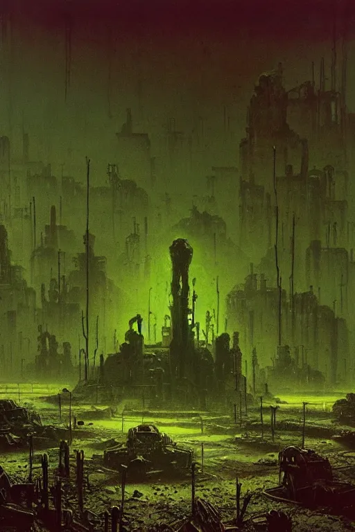 Image similar to glowing green crystals irradiating infested city, wasteland, survival post - apocalyptic, ruined tanks, beksinski