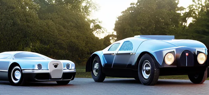 Image similar to a single bugatti type 5 7 sc atlantic and delorean hybrid, dslr, volumetric lighting