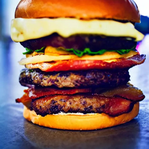 Prompt: bacon cheese burger, very tall, stacked, award winning food photography, golden hour, holy