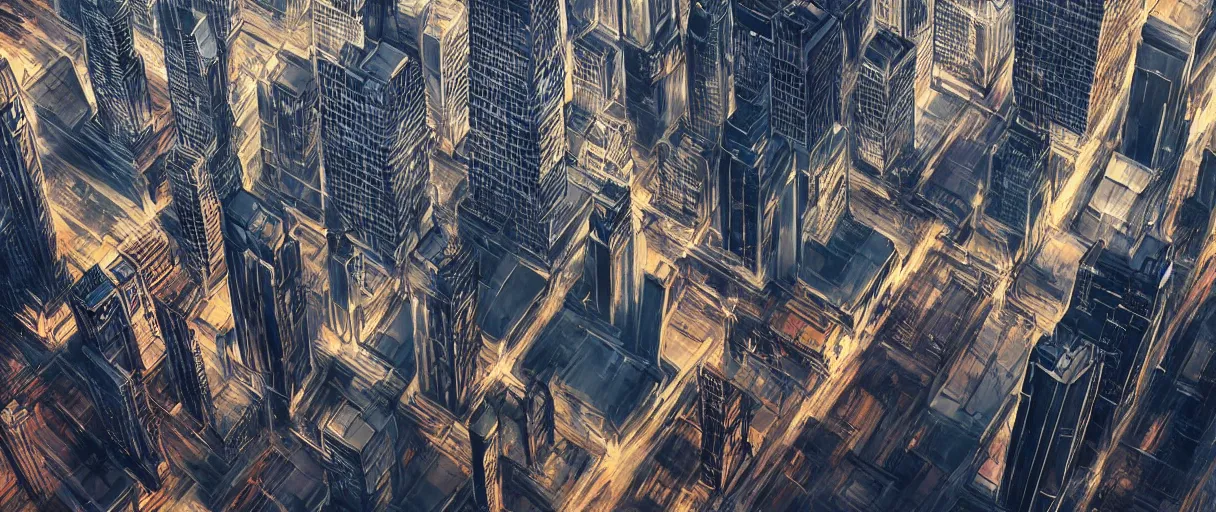 Image similar to huge modern downtown city, billboards, Times Square, small buildings, dark, concept art, digital painting, style of Ian Hubert, warm lighting, futuristic, volumetric lighting, view from above, daytime, godrays , high detail