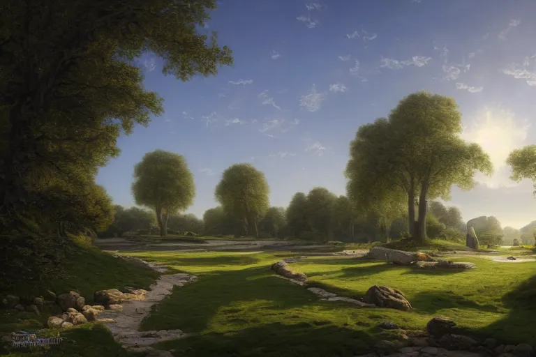 Prompt: A small village surrounded by white rectangular monoliths in an open field with a winding white stone pathwalk and a small brook running through, clear blue skies in the background, by Thomas Kincade, Richard Sigamani, 8k photorealistic, cinematic lighting, HD, high details, concept art, trending on artstation