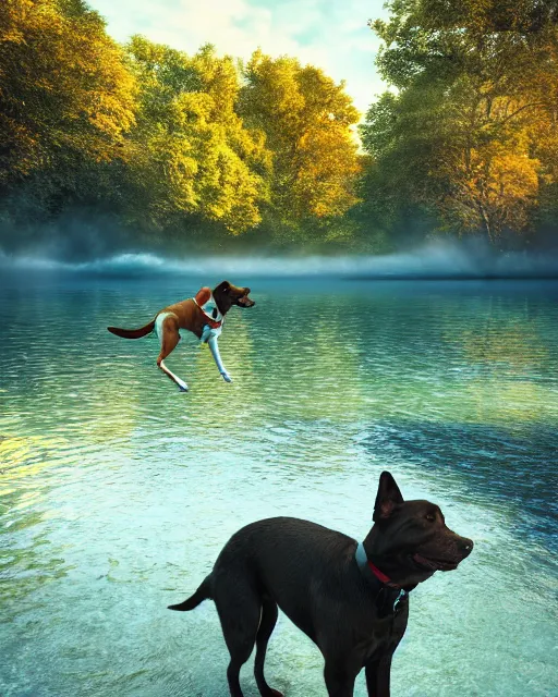 Image similar to dog swimming in the river, hyper realism, cinematic, volumetric lighting, dramatic ambient lighting, epic composition, high detail, octane render, unreal engine, 8 k, professional photo, photorealistic, intricate complexity, extremely detailed,