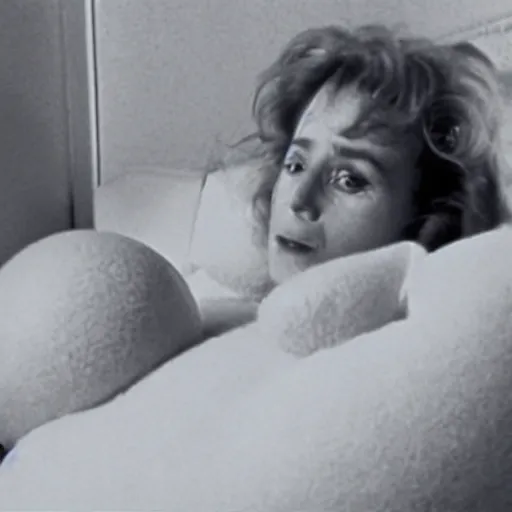 Image similar to still from a 1980 French film about a depressed housewife wearing a squishy inflatable toy as she meets a handsome younger man in a seedy motel room