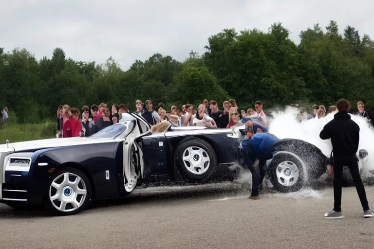 Image similar to Group of teenagers push Rolls-Royce into lake