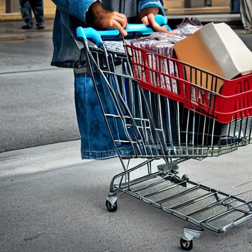 Image similar to a photograph of homeless jesus pushing a shopping cart