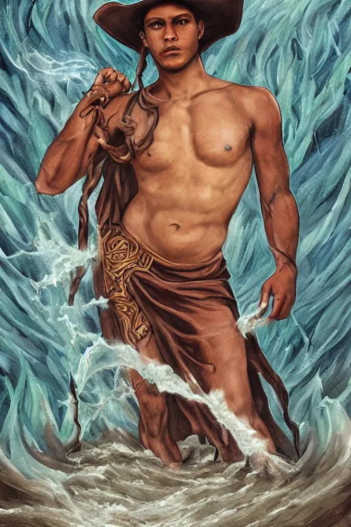 Prompt: a dramatic, epic, ethereal tarot painting of a handsome!! brown! shirtless cowboy (wearing a hat) | background is a torrential flooding river | tarot card, art deco, art nouveau | by Mark Maggiori | trending on artstation