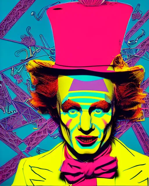 Image similar to symmetrical!! highly detailed vfx portrait of the mad hatter, geometric polygons, global illumination, detailed and intricate environment by andy warhol and tristan eaton