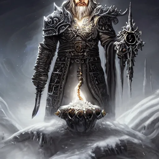 Image similar to The Lich King smoking weed from a Frostmourne Bong, by artgerm and wlop and scott fischer and seb mckinnon, digital art, highly detailed, wide shot, intricate, fantasy, mystical, sharp focus, Trending on Artstation HQ, deviantart, unreal engine 5, 4K UHD image