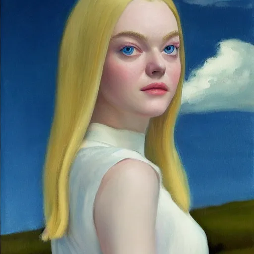 Prompt: Painting of Elle Fanning next to an Oblivion portal, long blonde hair, delicate, pale milky white porcelain skin, by Edward Hopper. 8K. Extremely detailed.