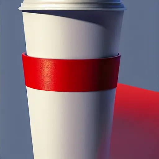 Prompt: white paper cup with red strip as a character!!!, hyperrealistic, highly detailed, cinematic, volumetric sunlight, beautiful, cgssociety, artstation, 8 k, oil painting by greg rutkowski, by artgerm, by wlop