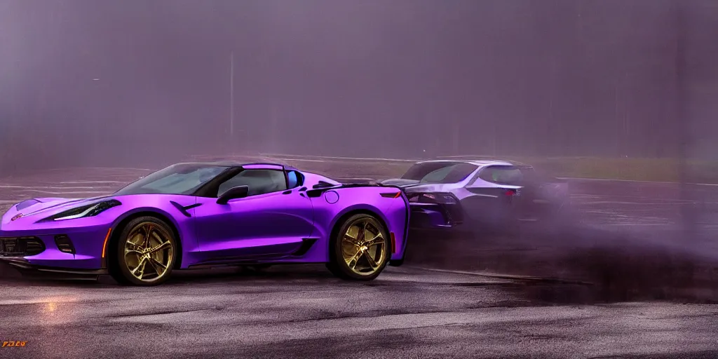 Image similar to parked purple 2 0 2 3 chevrolet corvette z 0 6, fog, rain, volumetric lighting, beautiful, golden hour, sharp focus, highly detailed, cgsociety