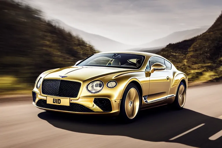 Image similar to Bentley Continental GT in shiny gold film drives along old Russian village road with houses around the edges