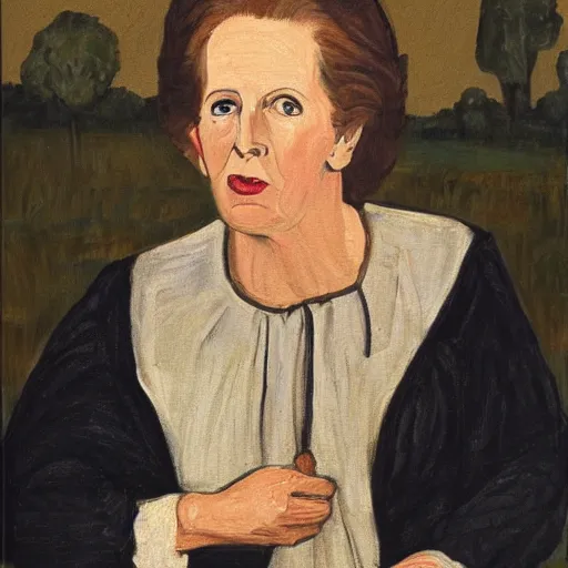 Prompt: margaret thatcher as a 1 2 th century peasant woman in england, painting, exhibited at british museum, oil on canvas, restored, art