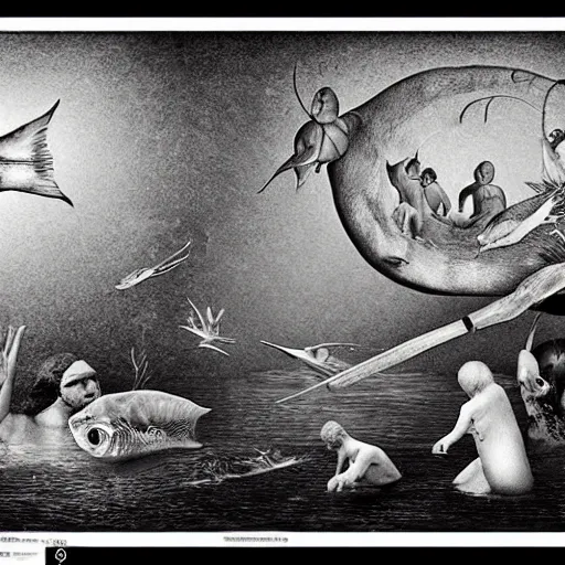 Prompt: little fish, big fish, swimming in the water come back here, man, gimme my daughter, by hieronymus bosch hyper realistic, dark fantasy detailed, high definition insanely detailed, bitter super - resolution microscopy dark lighting, x - ray black and white