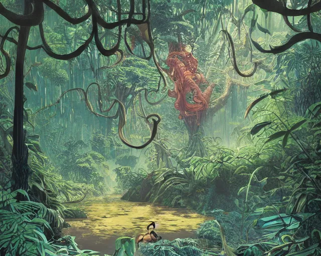 Prompt: a painting of a jungle river in a forest, a photorealistic painting by james jean, behance contest winner, fantasy art, made of vines, concept art, 2 d game art by victo ngai, geof darrow, peter mohrbacher, johfra bosschart, miho hirano