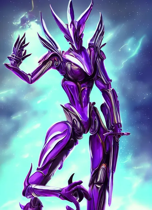 Image similar to cinematic full body, cosmic sized beautiful stunning giant robot mechan hot female dragon goddess, sharp sleek cyborg dragon head, sharp metal ears, smooth purple eyes, smooth fuschia skin, smooth silver armor, nebula, epic proportions, epic scale, macro furry, furry art, dragon art, goddess art, giantess art, warframe, warframe fanart, furaffinity, octane