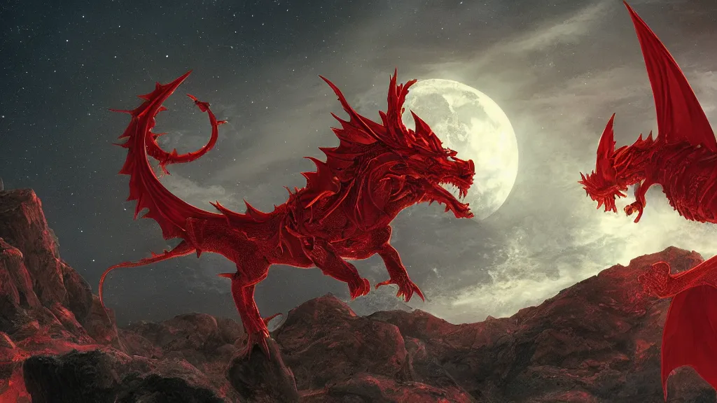 Prompt: a glowing red dragon at night with the moon in a clear star filled sky by thomas cole, behance, 8k featured in artstation, cinematic,, sharp focus, very detailed, volumentric lighting