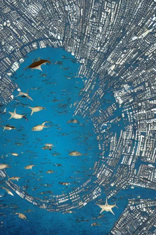 Image similar to ” marine life flying around a huge city, overdetailed image, ultra realistic, 8 k ”
