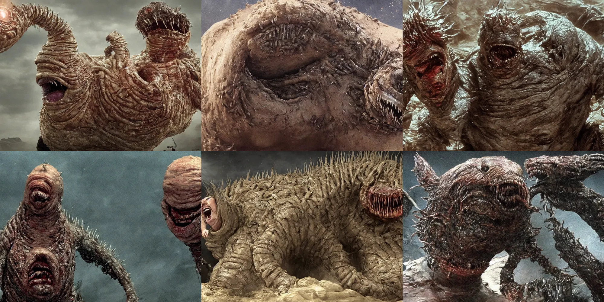 Prompt: cinematic movie still : ( subject =!! donald trump head as dune sandworm with open jaw!! + subject detail = sweating, creature from john carpenter the thing, oozing bile ) in the last of us, intricate detailed