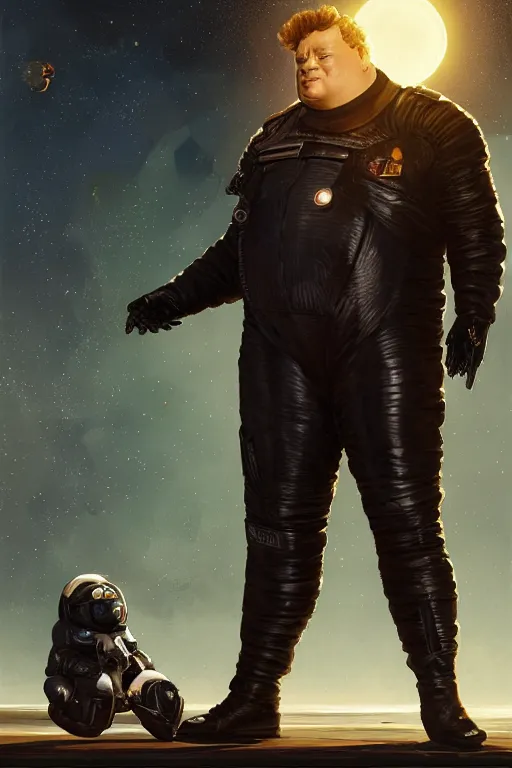 Prompt: portrait of a black baron harkonnen wearing leather spacesuit, detailed, sunshine, nebula space background, illustration by normal rockwell, artstation character art, adebanji alade, concept art, greg rutkowski